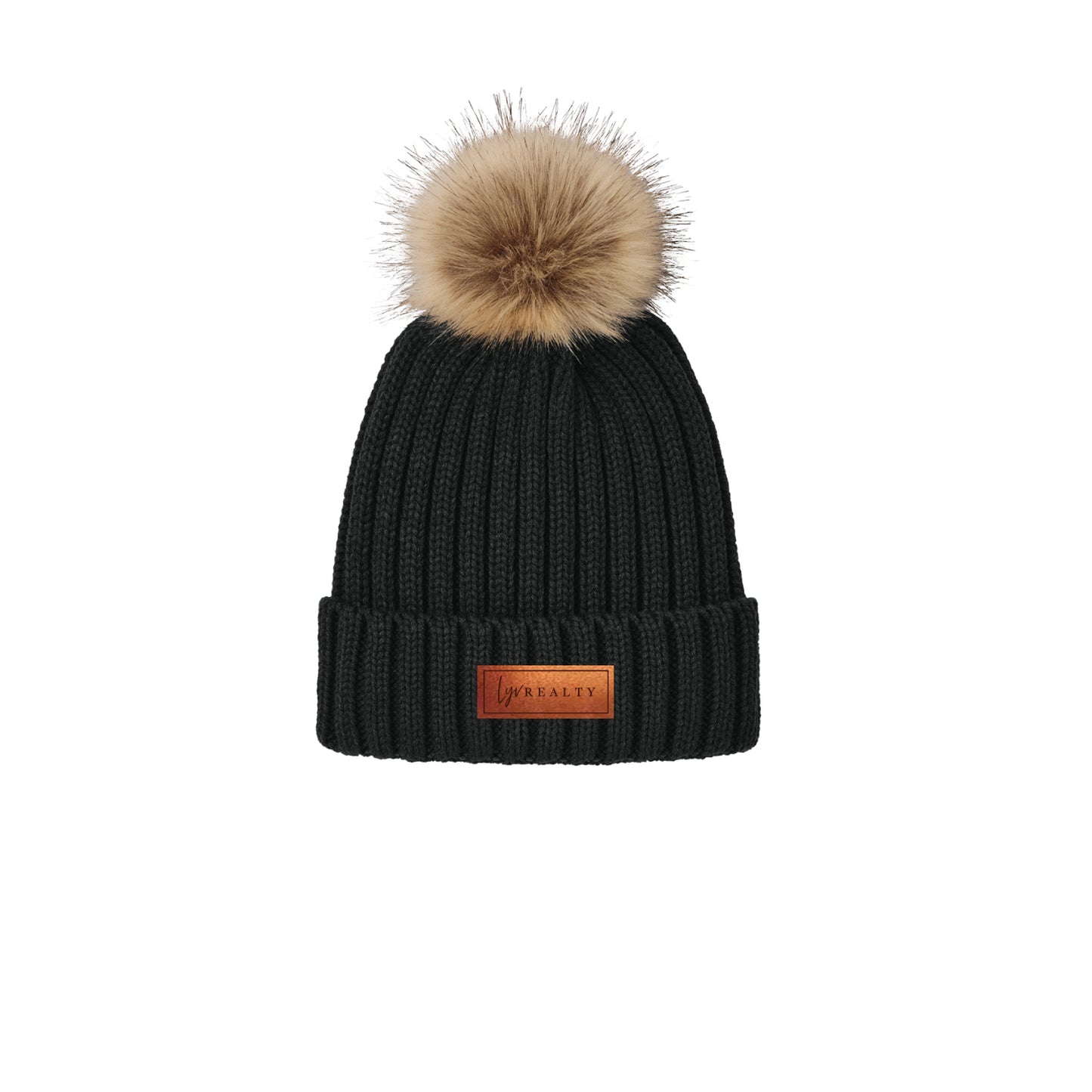 Faux Fur Pom Beanie with leather patch