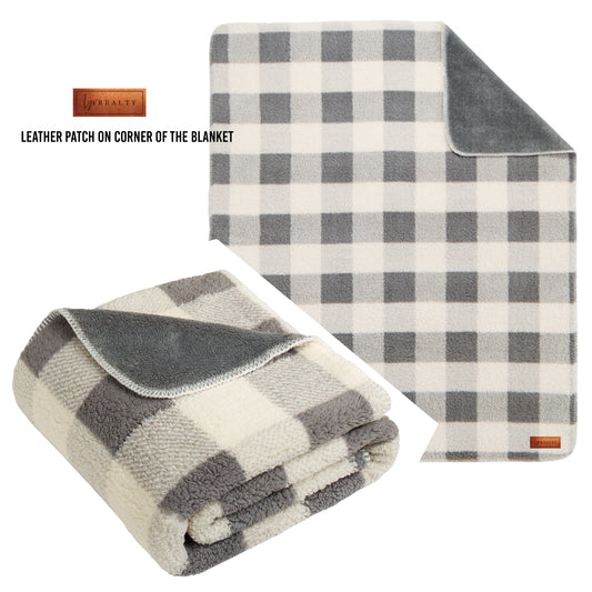 Double-Sided Sherpa/Plush & Faux Fur Blanket W/ leather patch