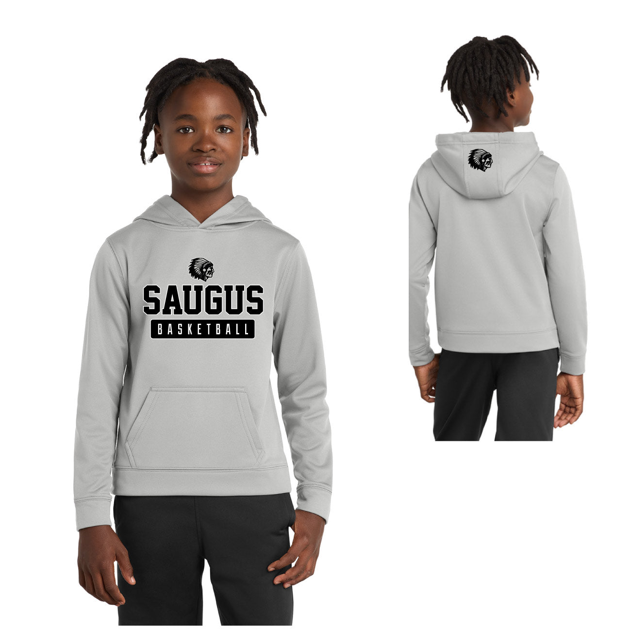 Saugus B-Ball Port & Co Performance Fleece Pullover Hooded Sweatshirt Grey