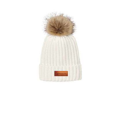 Faux Fur Pom Beanie with leather patch
