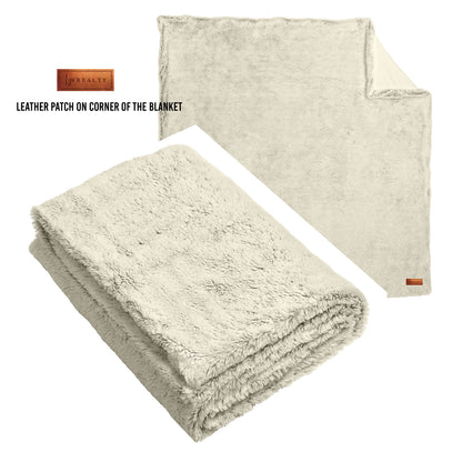 Double-Sided Sherpa/Plush & Faux Fur Blanket W/ leather patch