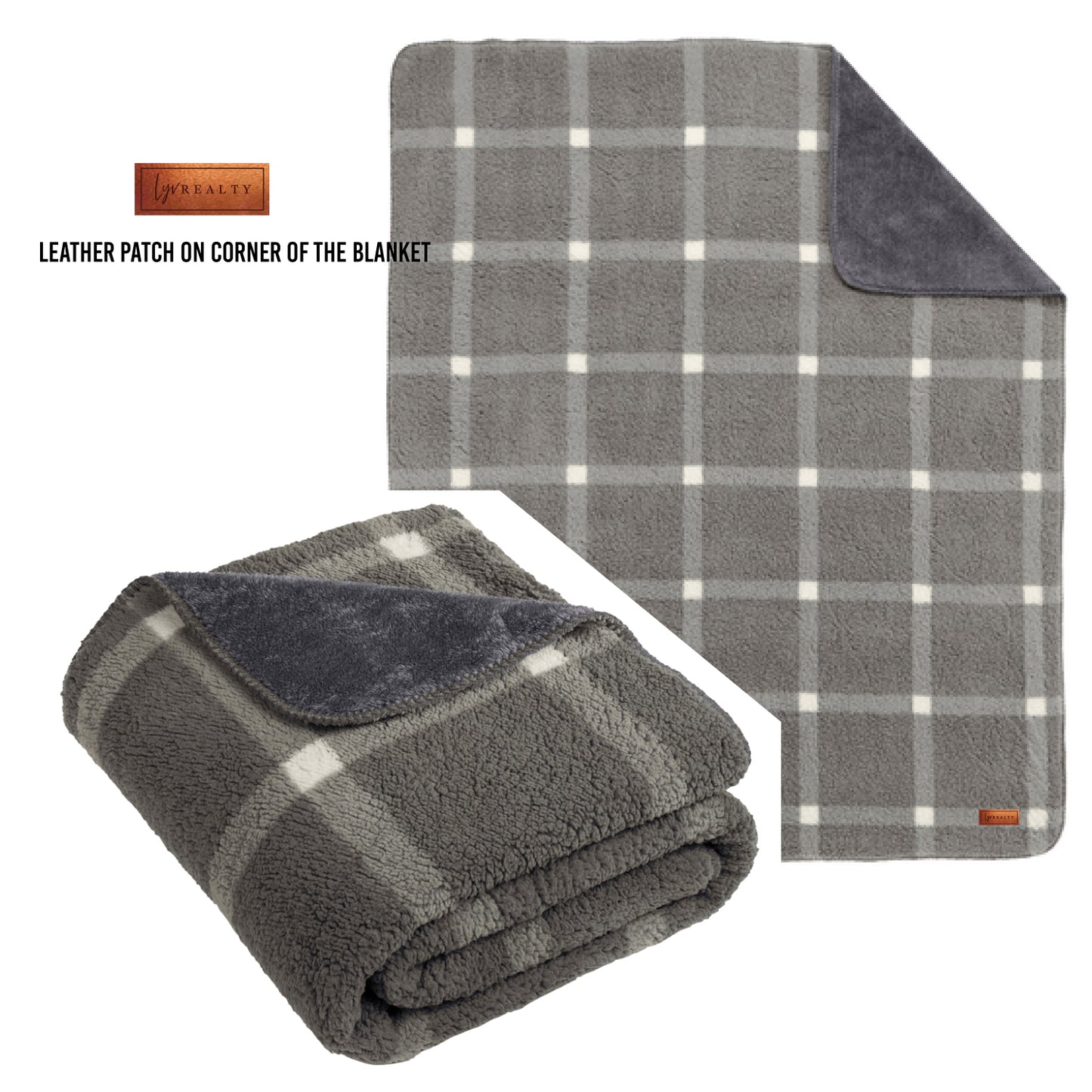 Double-Sided Sherpa/Plush & Faux Fur Blanket W/ leather patch