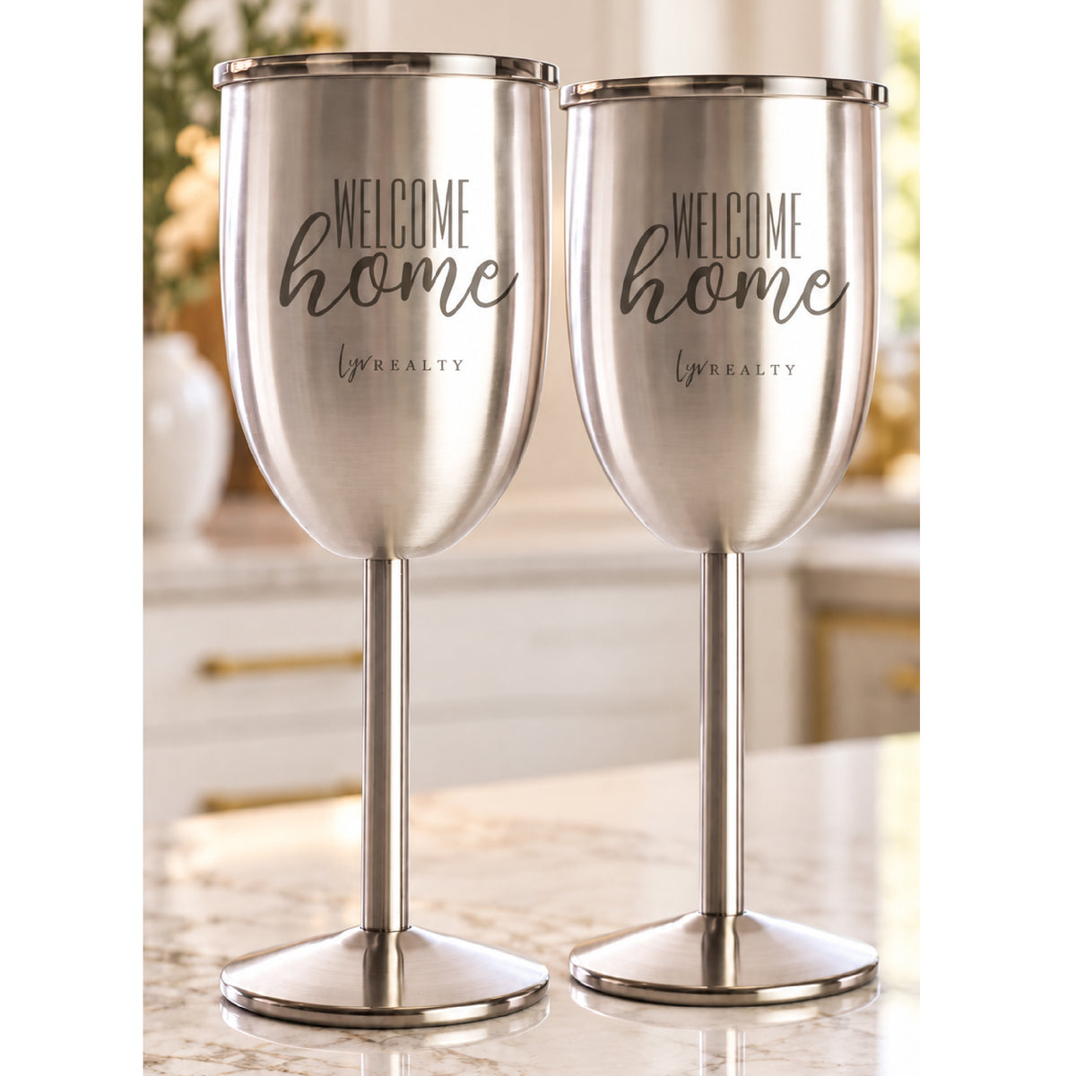 LYV - Set of 2 Stainless Steel Engraved Wine Glasses with Travel Lids