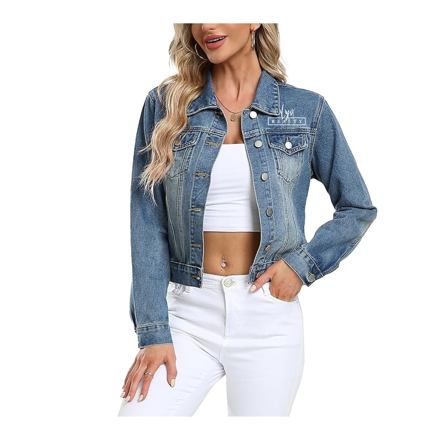 andy & natalie Women's  Basic Button Down Crop Jean Shacket Blue Jean